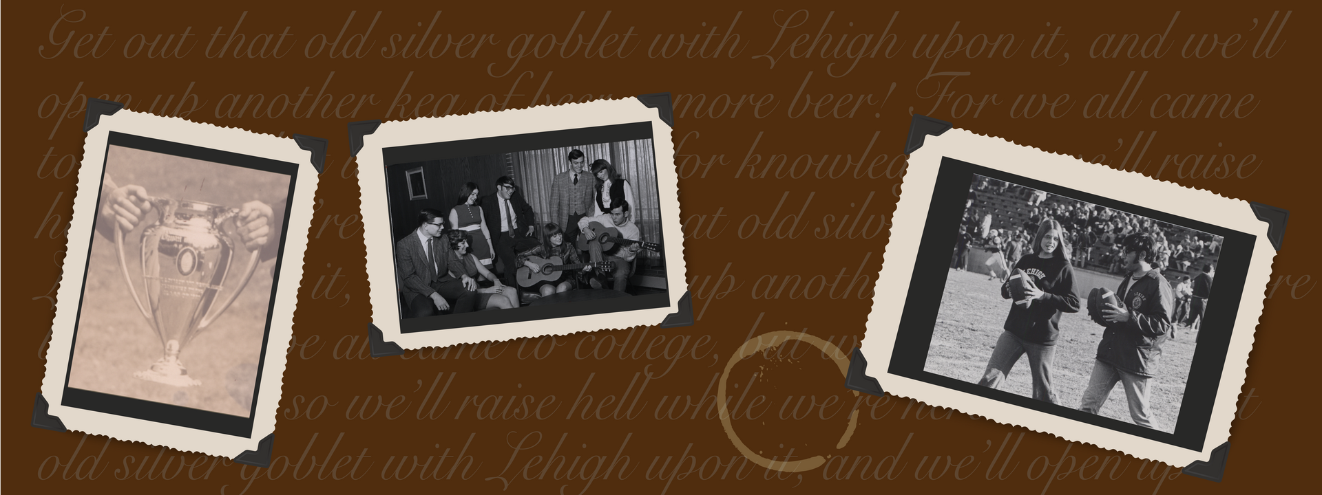 Photos from Lehigh's archives featuring alumni and a silver goblet